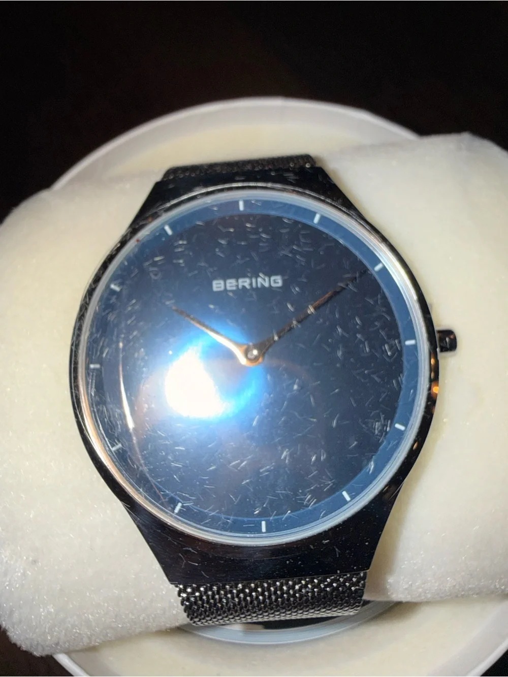 NIB BERING Men's Slim Silver Stainless Steel Mesh Watch - Blue Sunray Dial